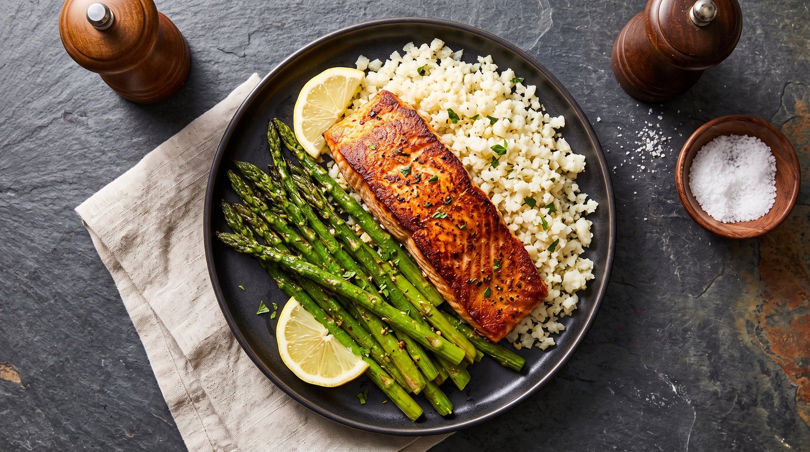 A highly digestible low carb high protein dinner for fat loss featuring seared salmon and asparagus