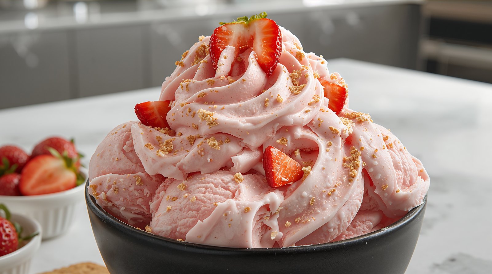 A massive bowl of thick strawberry anabolic protein ice cream on a marble counter