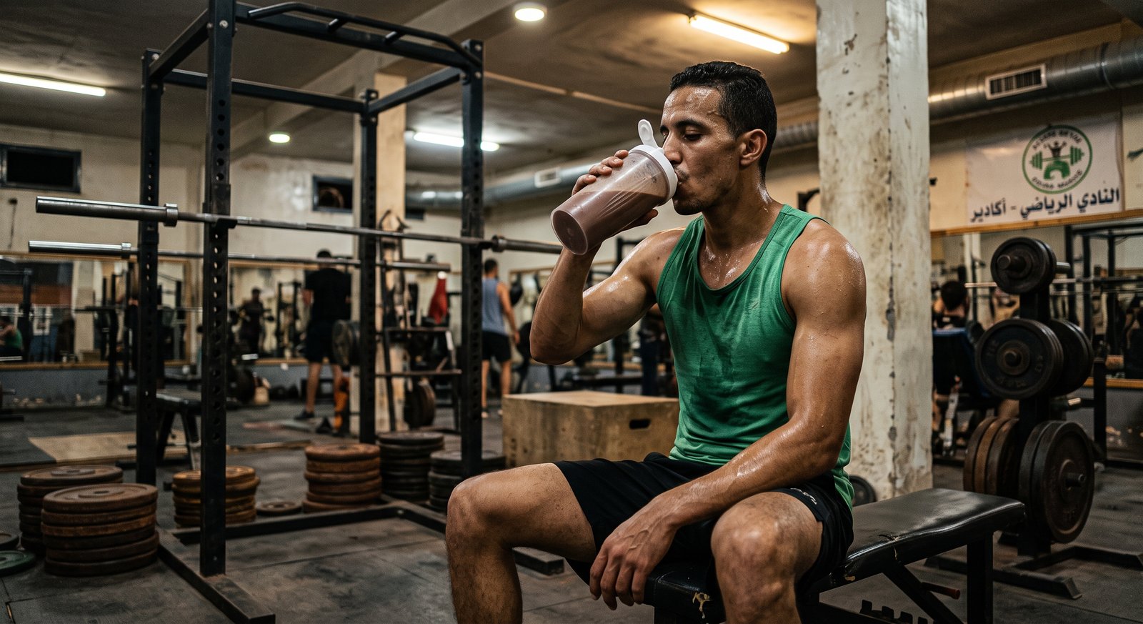 Muscular fitness athlete drinking a homemade 1000 calorie mass gainer shake out of a shaker bottle in the gym