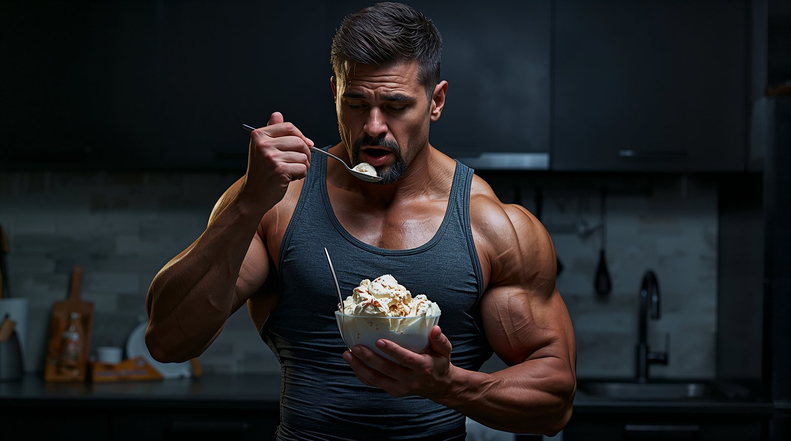 A shredded fitness athlete eating a massive bowl of anabolic protein ice cream late at night in the kitchen