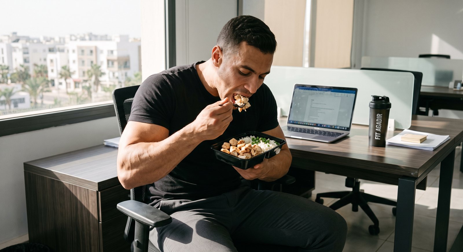 Muscular fitness athlete eating a high protein healthy meal prep lunch out of a container at an office desk