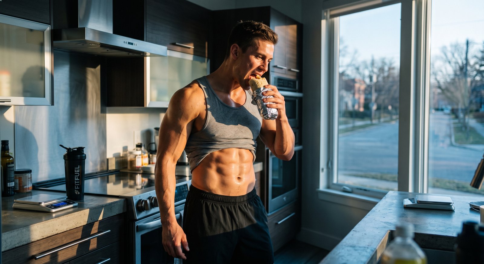 Muscular fitness athlete eating high protein meal prep breakfast burritos in a modern kitchen before work