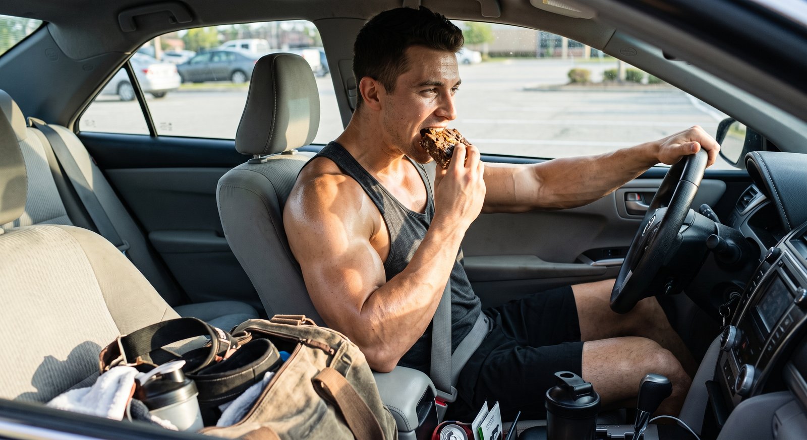 Muscular fitness athlete eating a homemade high protein clean bulking snack in the car after the gym