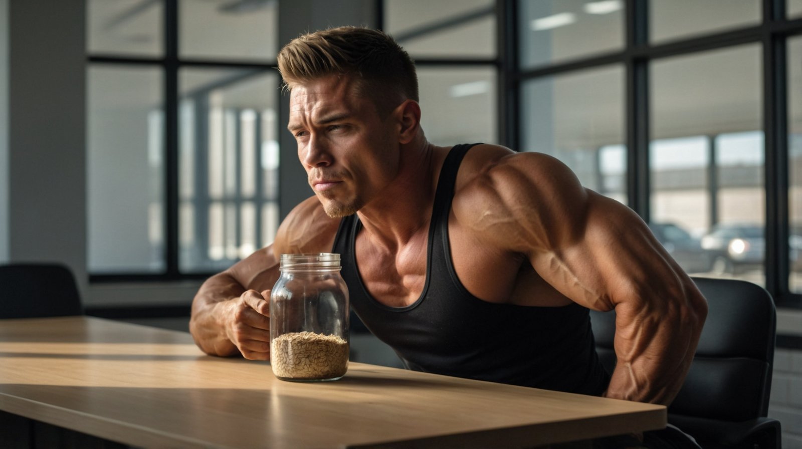 Muscular fitness athlete eating a massive jar of high protein overnight oats in the office breakroom