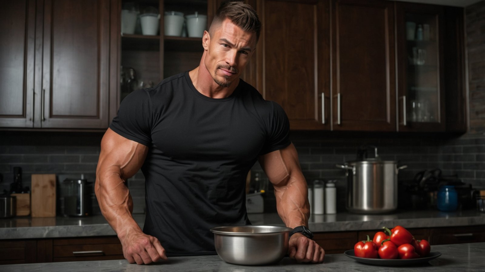 Muscular fitness athlete eating a massive bowl of high protein turkey chili out of a meal prep container