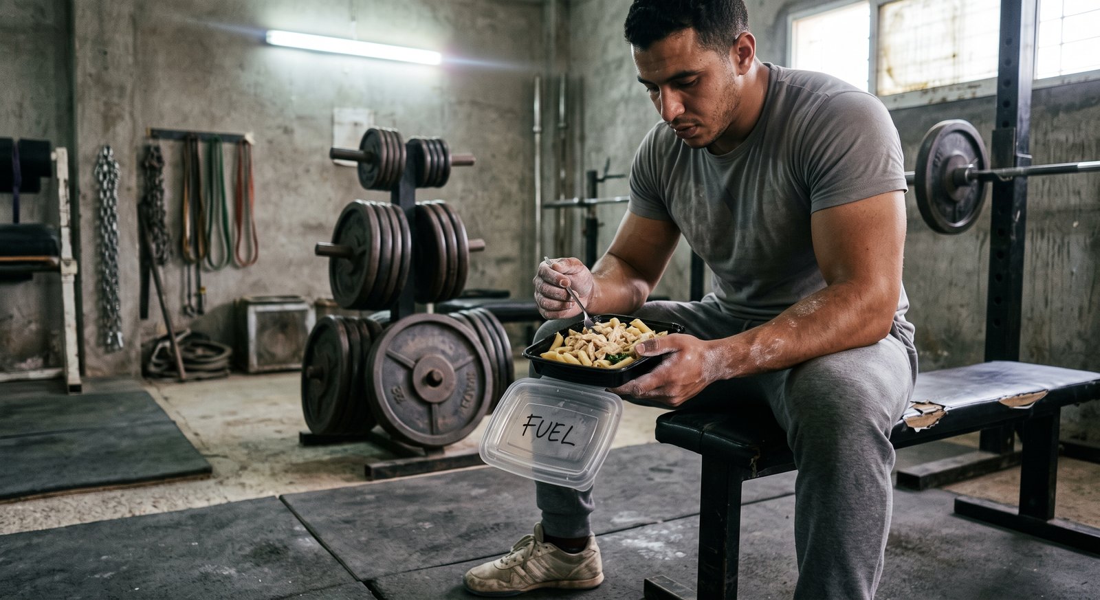 Muscular athlete eating a high calorie creamy garlic chicken pasta bulking meal in a commercial gym setting