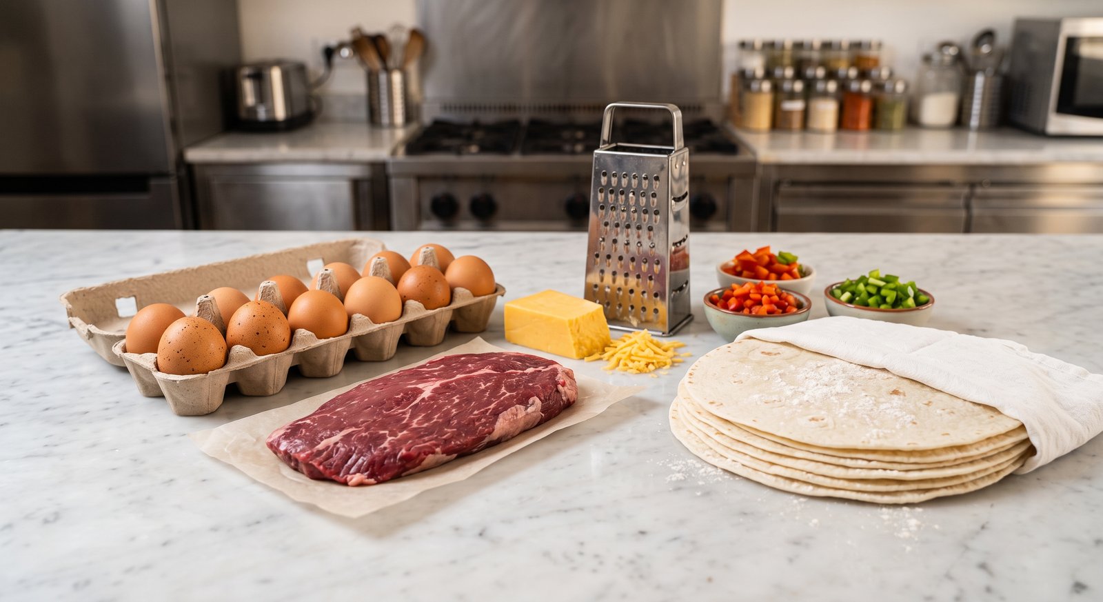 Raw ingredients for high protein meal prep breakfast burritos including flank steak, whole eggs, and cheddar cheese