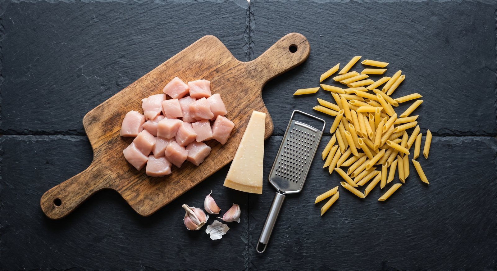 Raw ingredients for high calorie bulking pasta including chicken, penne, and parmesan on a slate counter