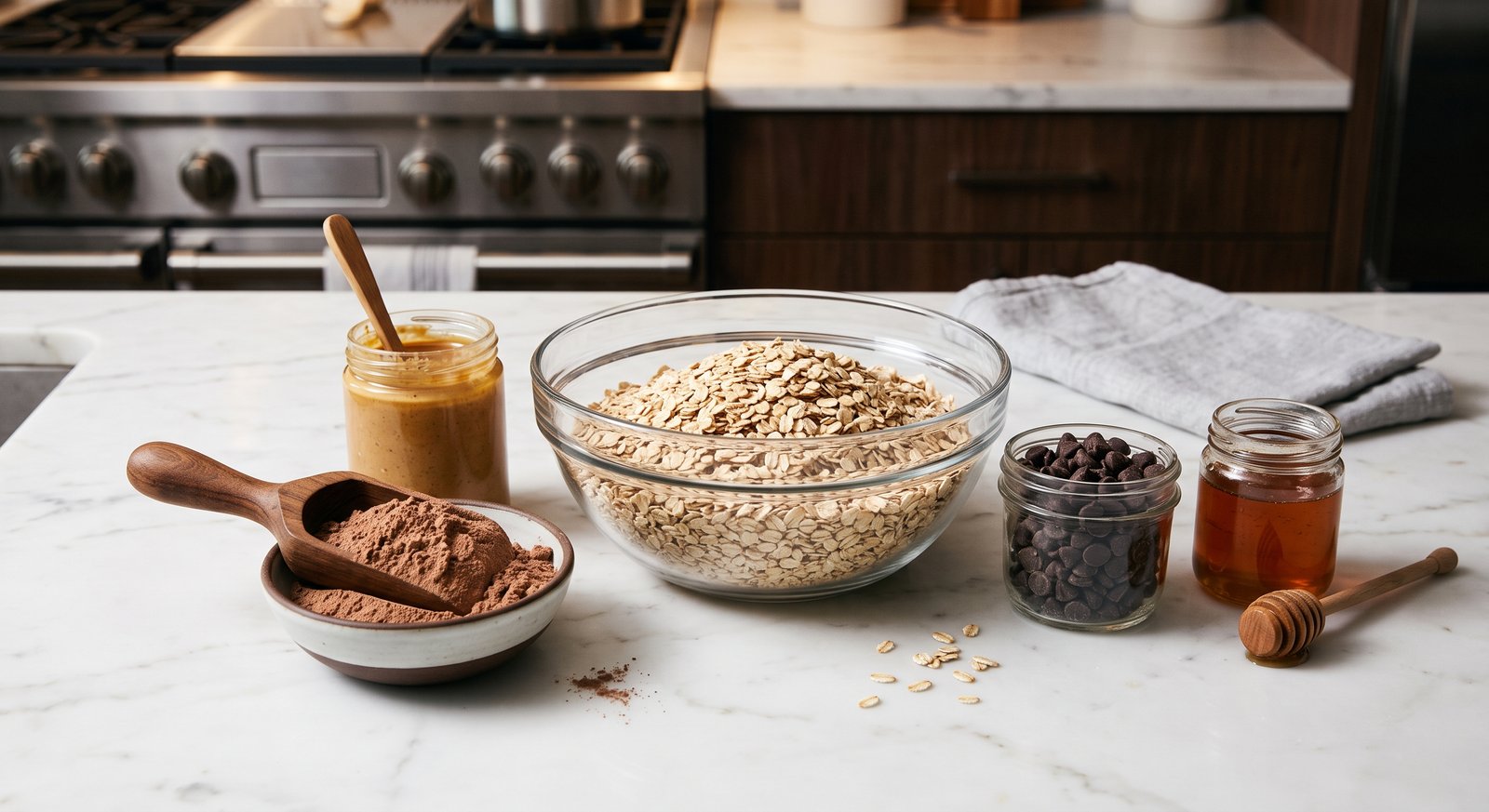 Raw ingredients for a clean bulking snack including rolled oats, whey protein, peanut butter, and honey