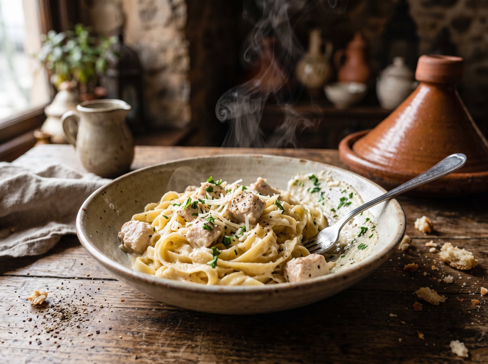 A steaming bowl of creamy garlic chicken pasta for bulking on a wooden table