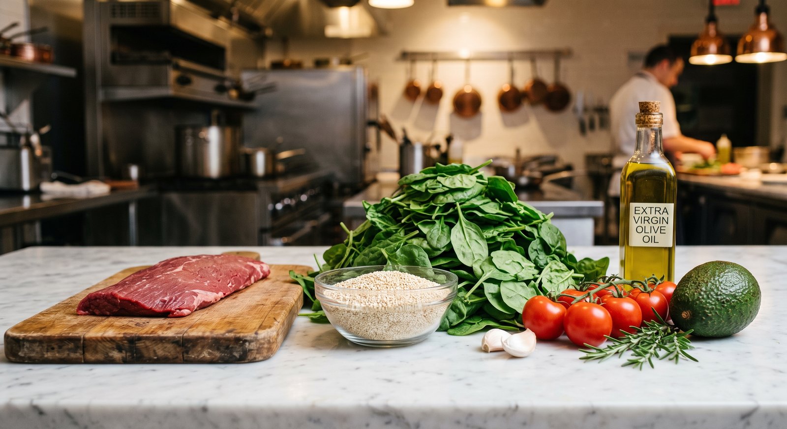 Raw ingredients for a fat loss macro bowl including flank steak, quinoa, avocado, and spinach