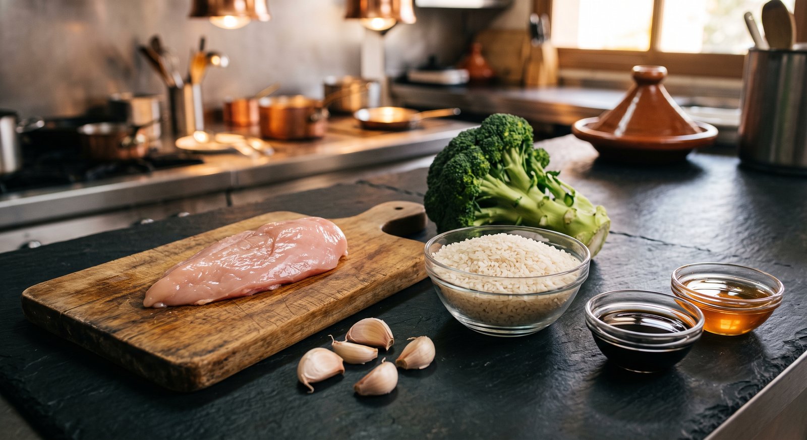 Raw ingredients for a healthy meal prep lunch including raw chicken breast, dry jasmine rice, and fresh broccoli