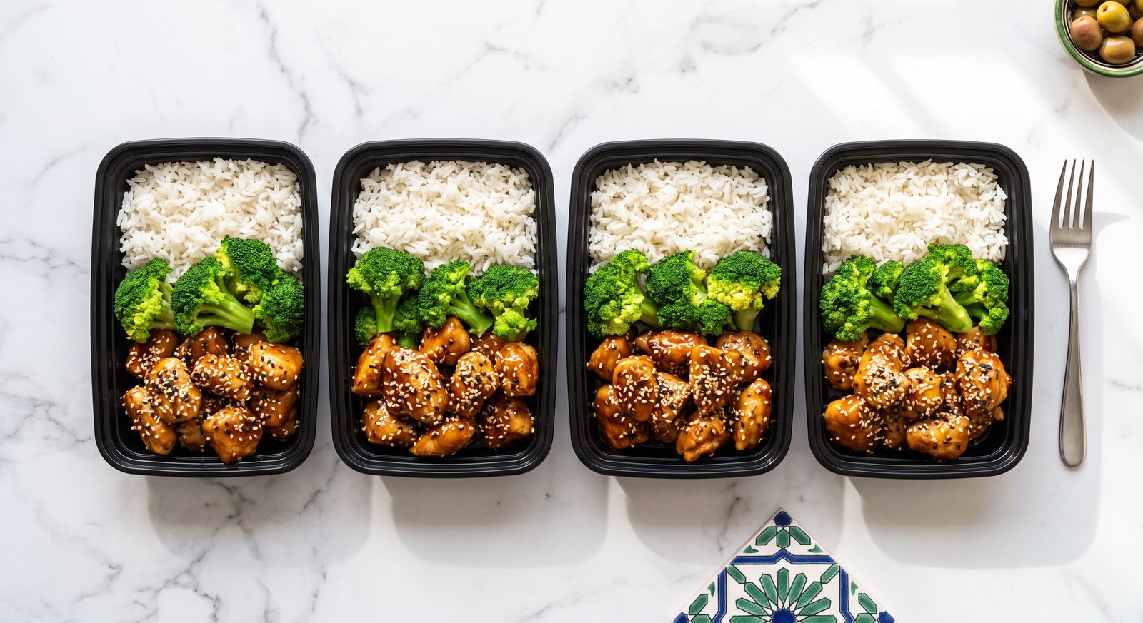 Four black meal prep containers filled with honey garlic chicken, rice, and broccoli on a marble counter