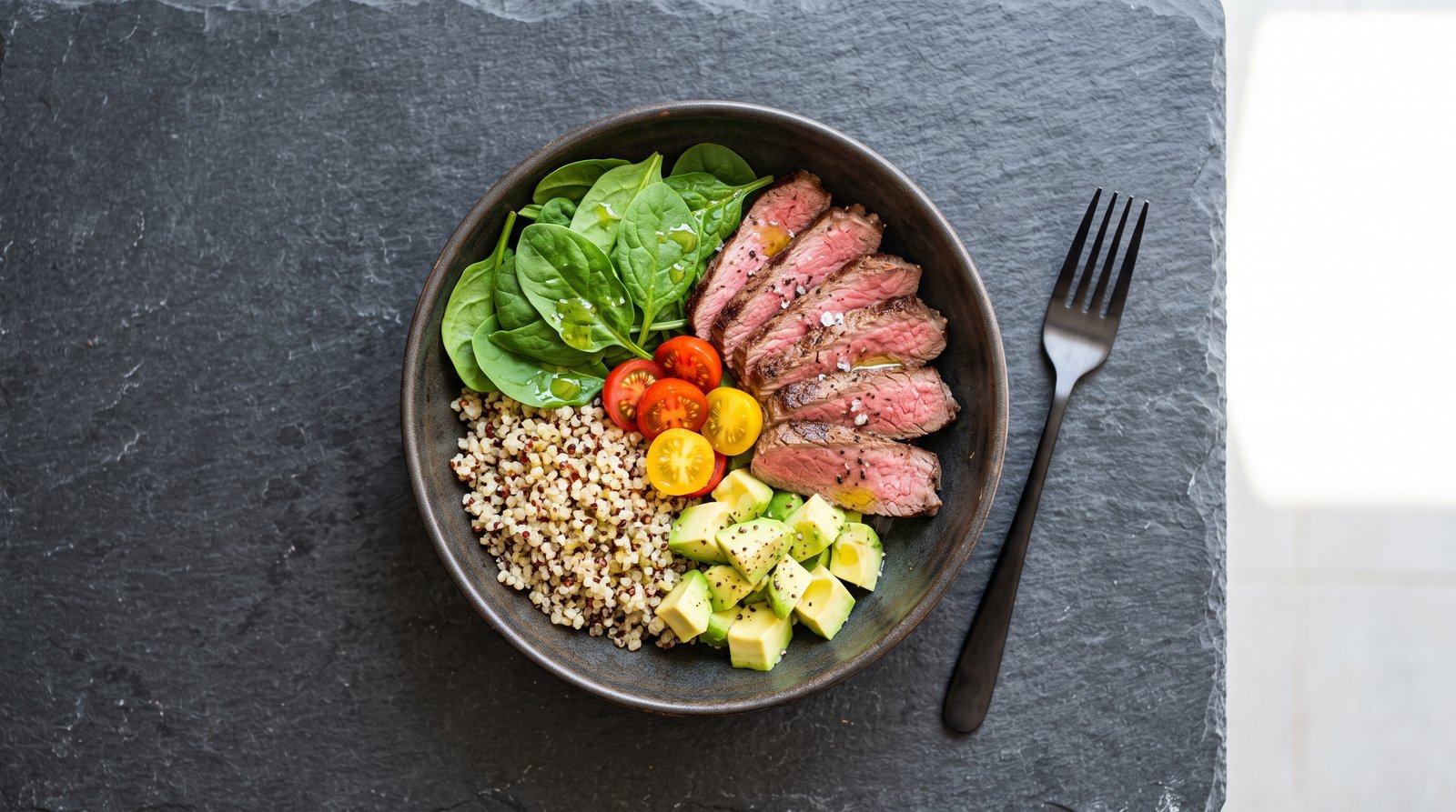 A dark ceramic bowl filled with flank steak, quinoa, avocado, and spinach on a slate counter