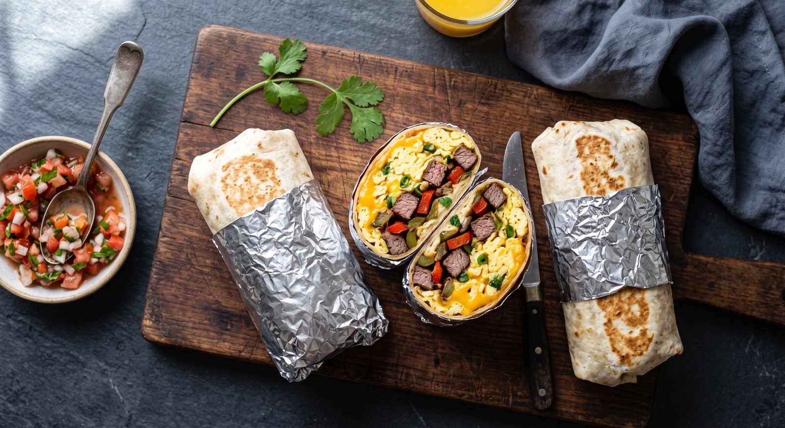 A cross-section of high protein meal prep breakfast burritos filled with steak and eggs on a cutting board