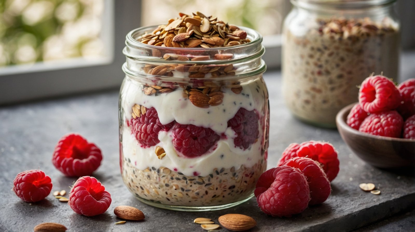A thick glass mason jar filled with a creamy high protein overnight oats meal topped with raspberries