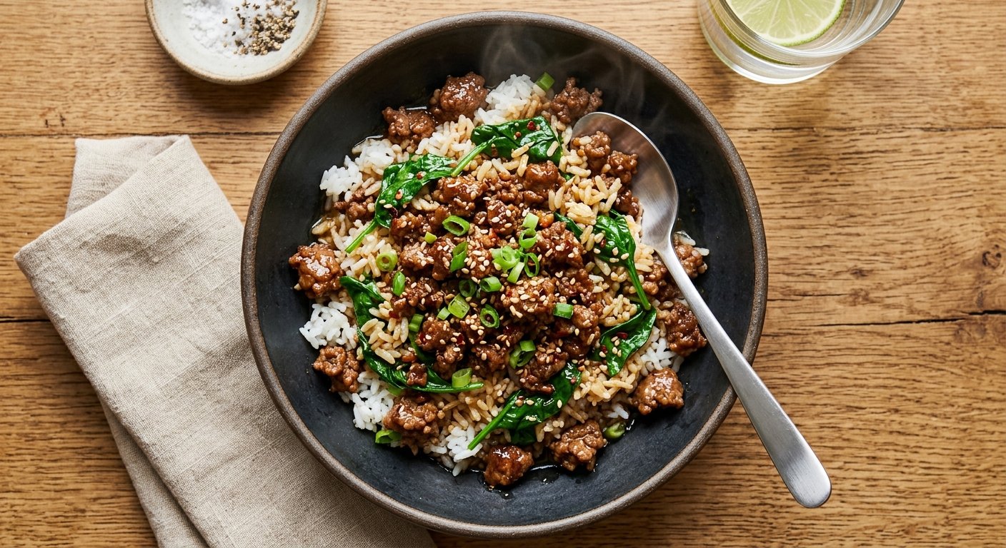 A steaming dark ceramic bowl filled with lean ground beef, white rice, and spinach on a kitchen counter