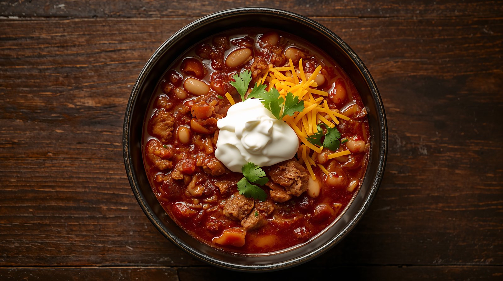 A steaming rustic bowl of high protein turkey chili topped with cilantro and sour cream
