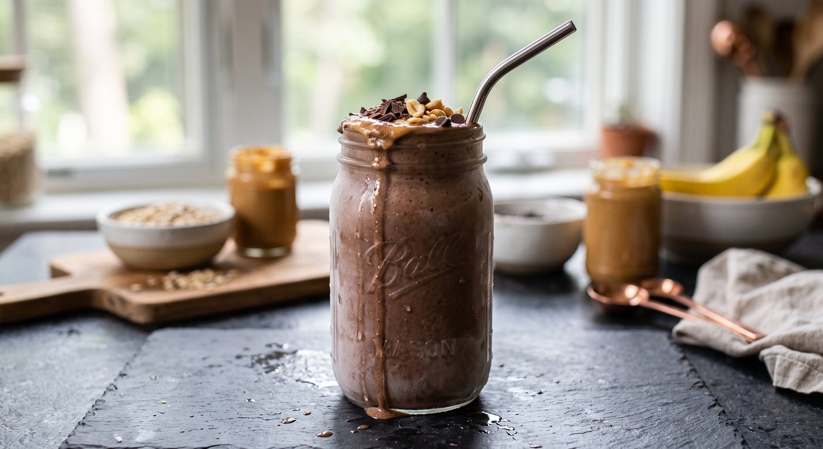 A frosty, thick chocolate peanut butter homemade 1000 calorie mass gainer shake in a large glass jar