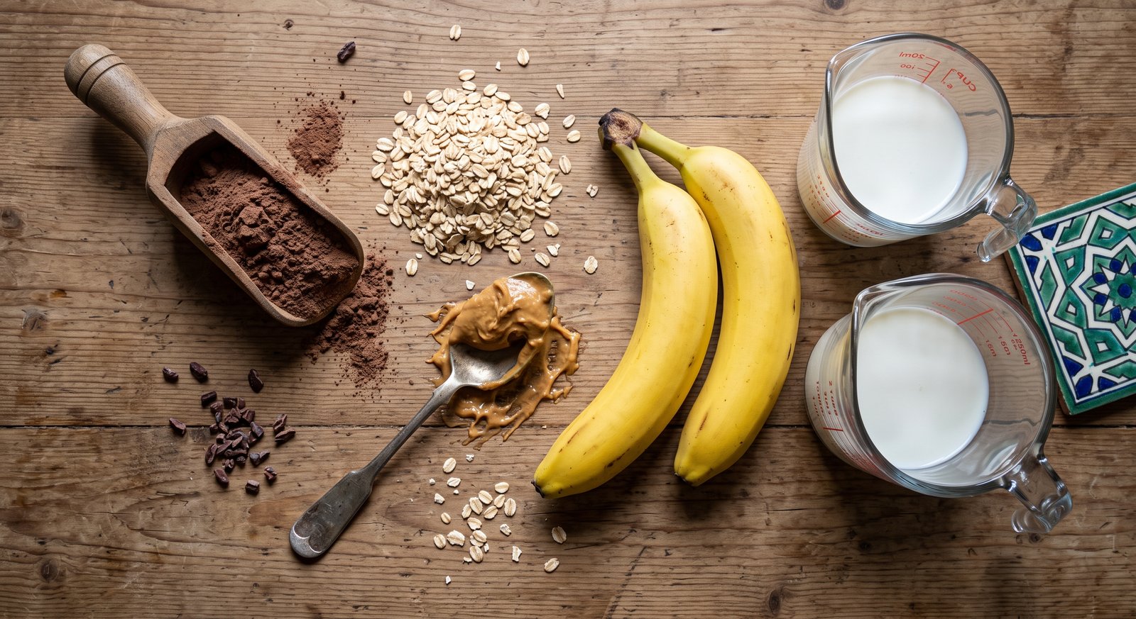 Raw ingredients for a mass gainer shake including oats, peanut butter, whey protein, and bananas on a table