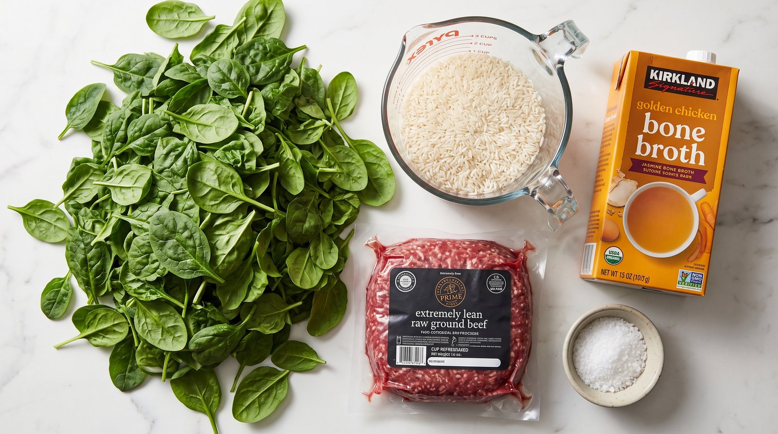 Raw ingredients for a post workout recovery meal including lean ground beef, white rice, bone broth, and spinach