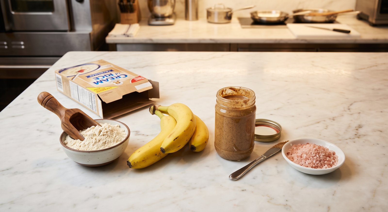 Raw ingredients for a pre-workout meal including cream of rice, whey isolate, bananas, and almond butter