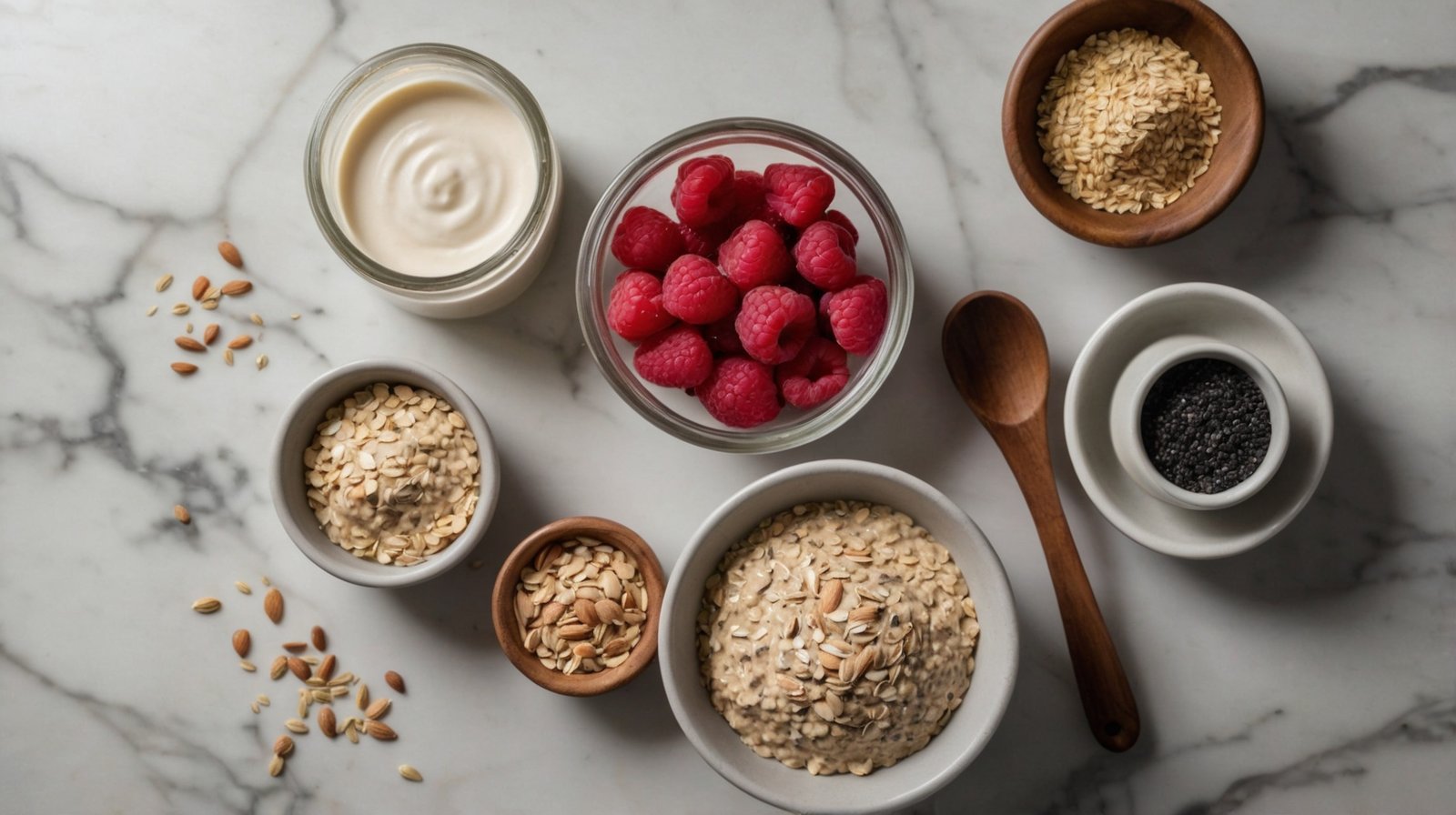 Raw ingredients for high protein overnight oats including rolled oats, whey isolate, greek yogurt, and chia seeds