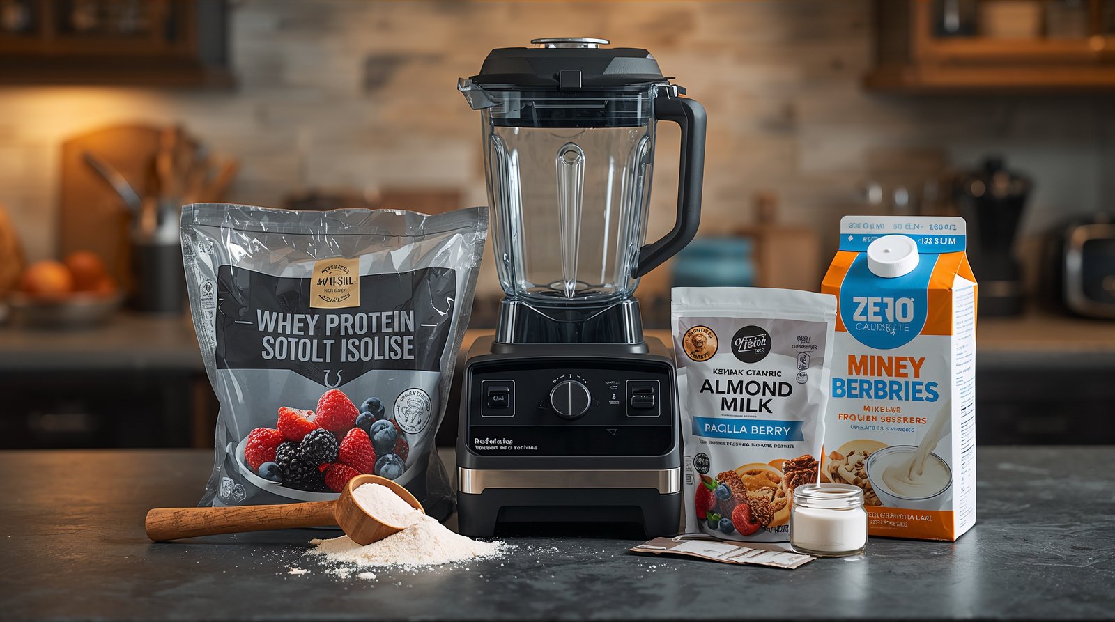 Raw ingredients for an anabolic protein ice cream recipe including whey, xanthan gum, frozen berries, and almond milk
