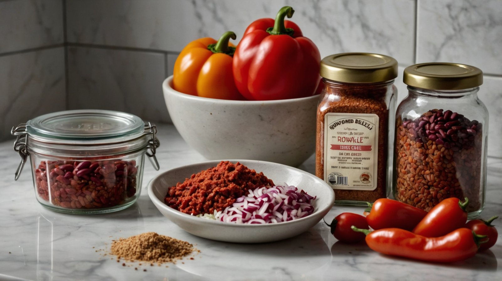 Raw ingredients for a high protein turkey chili including ground turkey, kidney beans, onions, and tomatoes