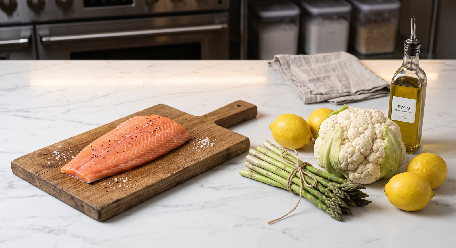 Raw ingredients for a low carb high protein dinner for fat loss including raw salmon and fresh asparagus