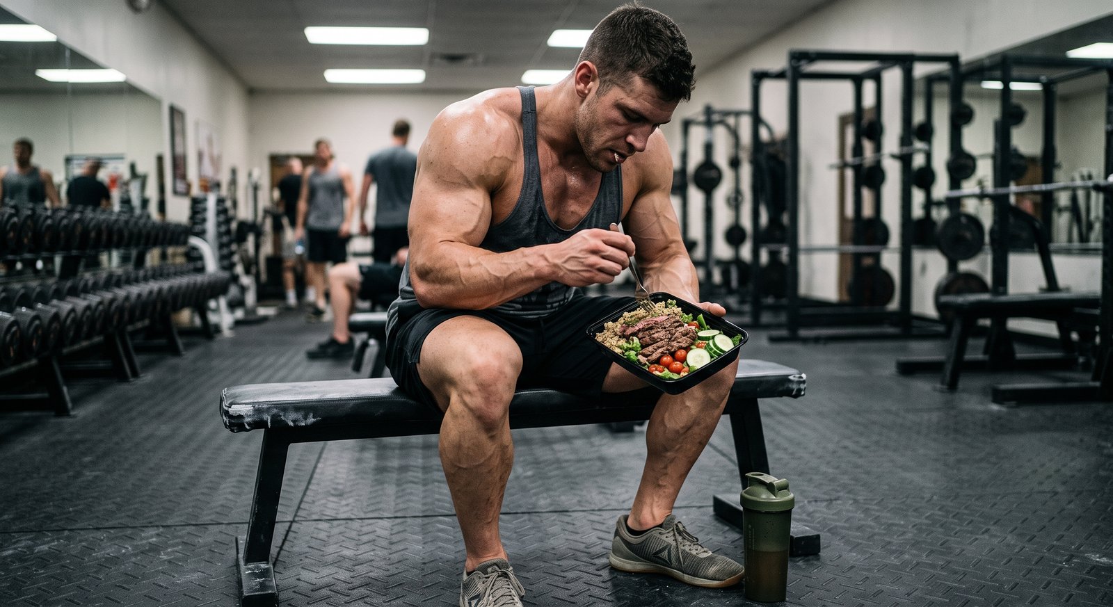 Highly shredded fitness athlete eating a high protein macro bowl for fat loss in the gym