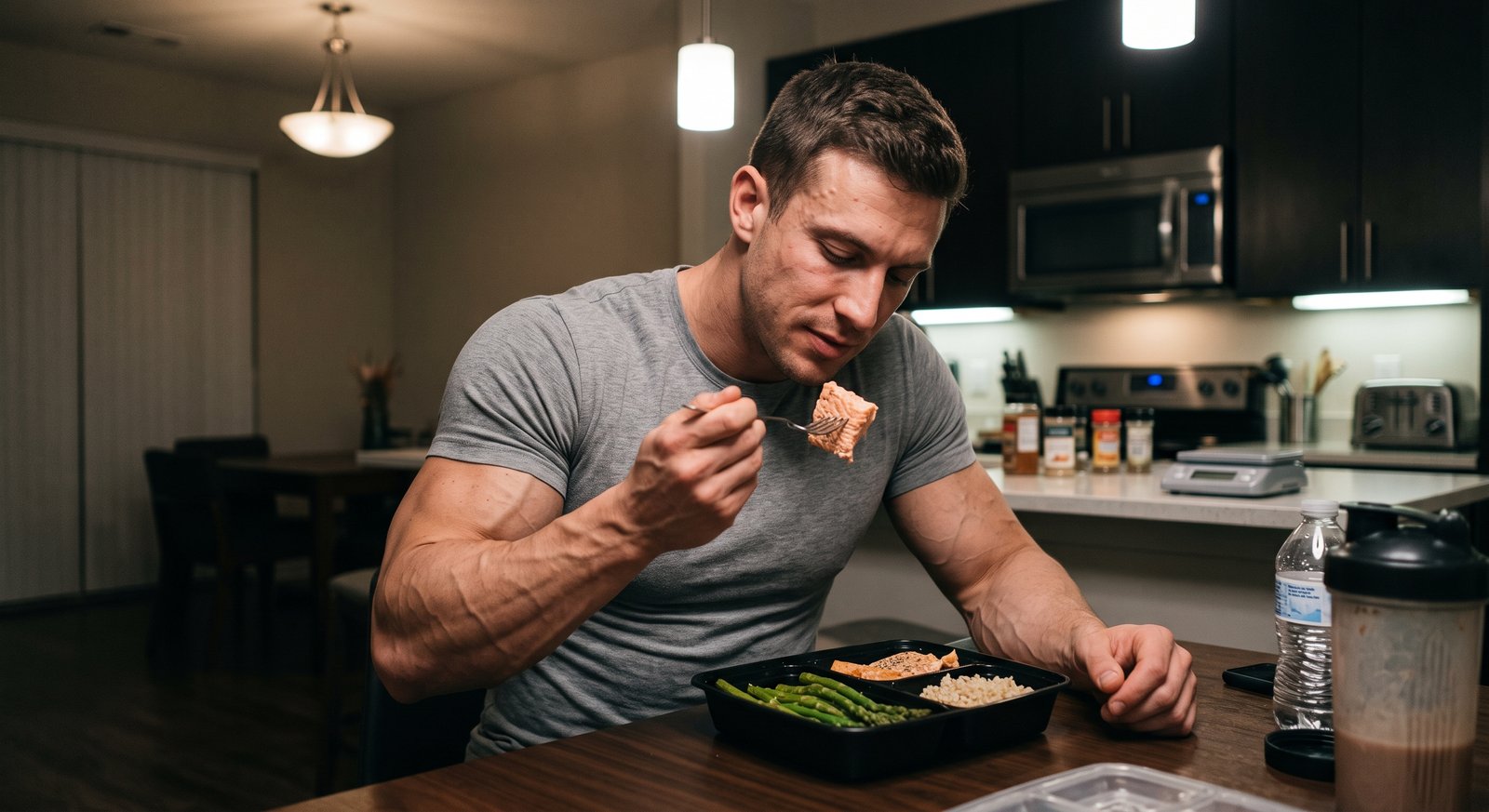 A shredded fitness athlete eating a 15-minute low carb high protein dinner for fat loss at the dining table