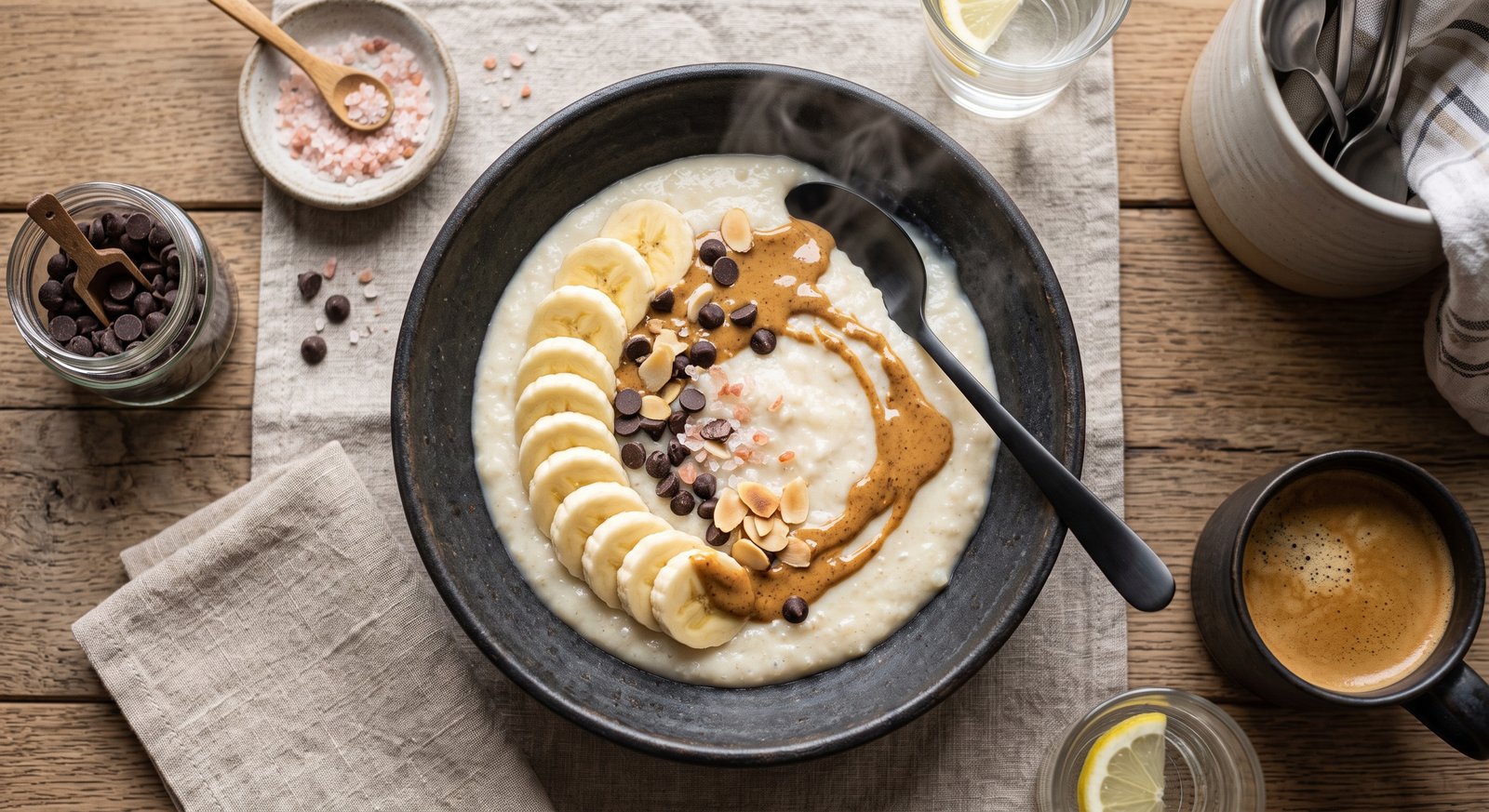 A highly digestible bowl of cream of rice topped with bananas and almond butter for pre-workout energy